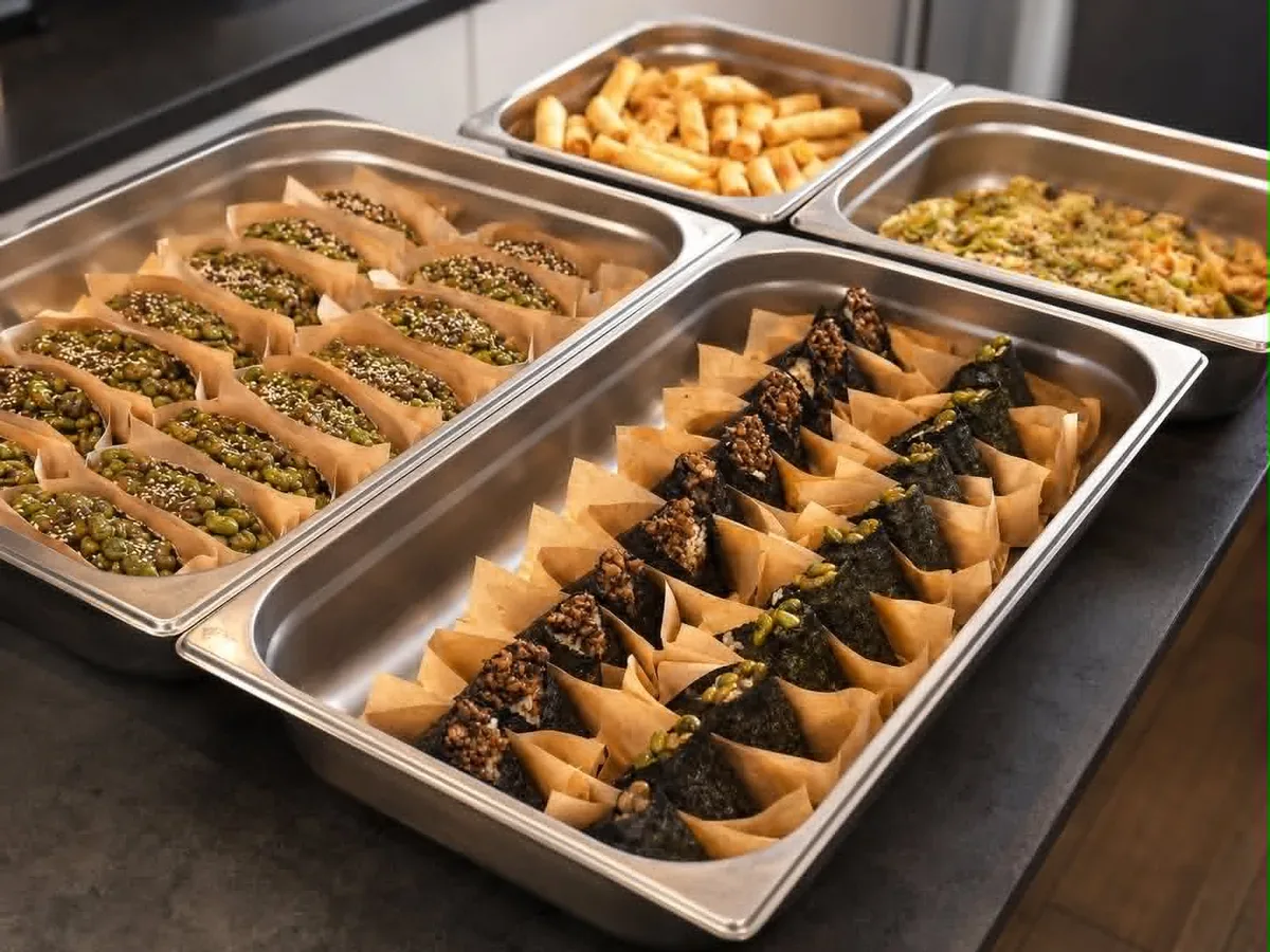 Kantiner med onigiri, rice tacos, vårrullar och en grönsaksrätt, redo för catering